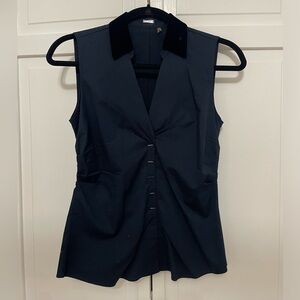 Elie Tahari Navy Crushed Velvet Collared Sleevless Fitted Button Front Blouse